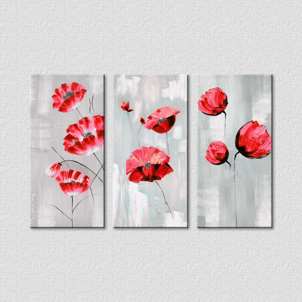 Red Flowers 3 Pieces - Handmade Painting