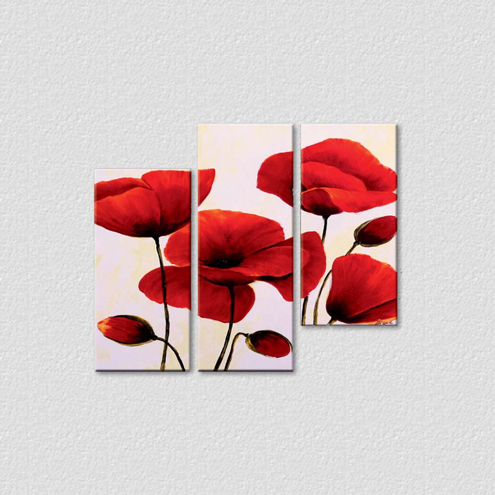 Three Pieces Red Flowers - Handmade Painting